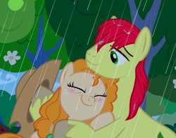 Size: 1031x807 | Tagged: safe, screencap, character:bright mac, character:pear butter, species:pony, ship:brightbutter, episode:the perfect pear, g4, my little pony: friendship is magic, cropped, female, hug, male, rain, shipping, straight