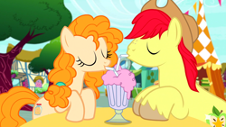 Size: 1600x900 | Tagged: safe, screencap, character:bright mac, character:pear butter, species:pony, ship:brightbutter, episode:the perfect pear, g4, my little pony: friendship is magic, female, male, milkshake, shipping, straight