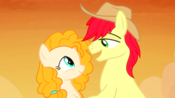 Size: 1600x900 | Tagged: safe, screencap, character:bright mac, character:pear butter, species:pony, ship:brightbutter, episode:the perfect pear, g4, my little pony: friendship is magic, female, male, mane, shipping, stallion, straight, sunset