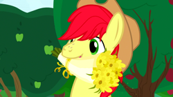 Size: 1600x900 | Tagged: safe, screencap, character:bright mac, species:pony, episode:the perfect pear, g4, my little pony: friendship is magic, apple tree, bouquet, clothing, cowboy hat, flower, hat, tree