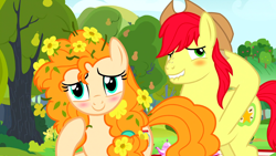 Size: 1600x900 | Tagged: safe, screencap, character:bright mac, character:pear butter, species:pony, ship:brightbutter, episode:the perfect pear, g4, my little pony: friendship is magic, blushing, buttercup, clothing, cowboy hat, female, flower, flower in hair, hat, male, messy mane, shipping, straight