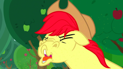 Size: 1600x900 | Tagged: safe, screencap, character:bright mac, species:pony, episode:the perfect pear, g4, my little pony: friendship is magic, apple tree, clothing, cowboy hat, faec, funny face, great moments in animation, hat, season 7, sneezing, tree