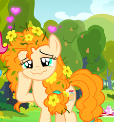 Size: 839x895 | Tagged: safe, screencap, character:pear butter, species:pony, episode:the perfect pear, g4, my little pony: friendship is magic, big eyes, cheek fluff, flower, flower in hair, heart, in love, messy mane, sparkling eyes, squishy cheeks