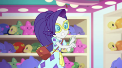 Size: 1920x1080 | Tagged: safe, screencap, character:rarity, equestria girls:spring breakdown, g4, my little pony:equestria girls, clothing, clumsy, coin, dress, geode of shielding, glasses, magical geodes, penny, purse, shopping