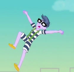 Size: 383x372 | Tagged: safe, screencap, character:microchips, equestria girls:spring breakdown, g4, my little pony:equestria girls, arms, clothing, cropped, feet, glasses, male, sandals, shorts