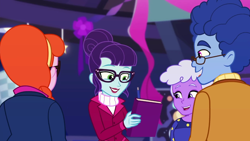Size: 1280x720 | Tagged: safe, screencap, character:rosette nebula, episode:twilight under the stars, g4, my little pony:equestria girls, background human, book, book signing, dax cobalt, female, ginger specs, glasses, male
