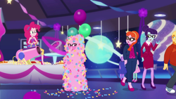 Size: 1280x720 | Tagged: safe, screencap, character:pinkie pie, character:rosette nebula, character:twilight sparkle, character:twilight sparkle (scitwi), species:eqg human, episode:twilight under the stars, g4, my little pony:equestria girls, bare shoulders, confetti, confetti-coated sci-twi, covered, female, ginger specs, hidden face, huggable, male, male pattern baldness, sleeveless, strapless, thick coat