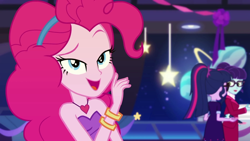 Size: 1280x720 | Tagged: safe, screencap, character:pinkie pie, character:rosette nebula, character:twilight sparkle, character:twilight sparkle (scitwi), species:eqg human, episode:twilight under the stars, g4, my little pony:equestria girls, bare shoulders, bracelet, female, heart necklace, jewelry, sleeveless, strapless
