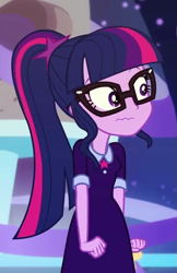 Size: 409x630 | Tagged: safe, screencap, character:twilight sparkle, character:twilight sparkle (scitwi), species:eqg human, episode:twilight under the stars, g4, my little pony:equestria girls, clothing, cropped, dress, female, glasses, nervous, ponytail, solo