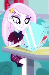 Size: 225x346 | Tagged: safe, screencap, character:fleur-de-lis, episode:five stars, g4, my little pony:equestria girls, clothing, cropped, crystal prep academy uniform, female, school uniform, sitting, smiling, sweet snacks cafe