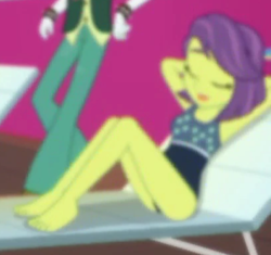 Size: 409x385 | Tagged: safe, screencap, character:scott green, character:victoria, equestria girls:spring breakdown, g4, my little pony:equestria girls, arm behind back, background human, barefoot, clothing, cropped, eyes closed, feet, female, offscreen character, scott green, swimsuit, victoria