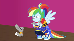 Size: 1920x1080 | Tagged: safe, screencap, character:rainbow dash, species:rabbit, equestria girls:spring breakdown, g4, my little pony:equestria girls, babies, baby, female, holding, lifejacket, male, mr. bouncy, ponied up, smiling, super ponied up, wings