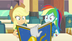Size: 1280x720 | Tagged: safe, screencap, character:applejack, character:rainbow dash, character:rarity, episode:queen of clubs, g4, my little pony:equestria girls, book, female, shocked expression, surprised face