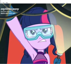 Size: 910x810 | Tagged: safe, screencap, character:twilight sparkle, character:twilight sparkle (scitwi), species:eqg human, equestria girls:spring breakdown, g4, my little pony:equestria girls, armpits, cropped, flashlight (object), safety goggles, sleeveless, solo