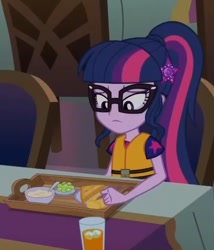 Size: 662x774 | Tagged: safe, screencap, character:twilight sparkle, character:twilight sparkle (scitwi), species:eqg human, equestria girls:spring breakdown, g4, my little pony:equestria girls, cropped, drink, food, lifejacket, solo, tray