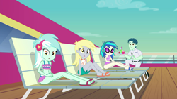 Size: 1920x1080 | Tagged: safe, screencap, character:derpy hooves, character:dj pon-3, character:lyra heartstrings, character:vinyl scratch, equestria girls:spring breakdown, g4, my little pony:equestria girls, background human, belly button, bikini, clothing, midriff, swimsuit