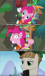Size: 459x768 | Tagged: safe, edit, edited screencap, screencap, character:mudbriar, character:pinkie pie, species:pony, episode:p.p.o.v. (pony point of view), episode:the maud couple, g4, my little pony: friendship is magic, ..., caption, comic, derp, discovery family logo, hoof hold, reaction, screencap comic, stick