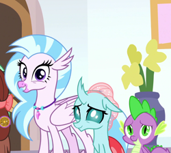 Size: 1192x1068 | Tagged: safe, screencap, character:ocellus, character:silverstream, character:spike, character:yona, species:changedling, episode:a matter of principals, g4, my little pony: friendship is magic, cropped, cute, diaocelles, diastreamies, offscreen character, smiling
