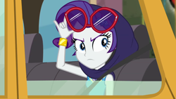 Size: 1590x894 | Tagged: safe, screencap, character:rarity, episode:fomo, g4, my little pony:equestria girls, cropped, shawl, spying, sunglasses, taxi