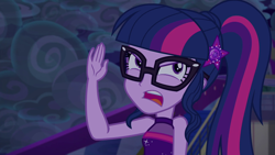 Size: 1920x1080 | Tagged: safe, screencap, character:twilight sparkle, character:twilight sparkle (scitwi), species:eqg human, equestria girls:spring breakdown, g4, my little pony:equestria girls, angry, arms, female, geode of telekinesis, glasses, magical geodes, ponytail, sleeveless, solo