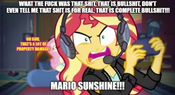Size: 888x483 | Tagged: safe, screencap, character:fluttershy, character:sunset shimmer, episode:game stream, g4, my little pony:equestria girls, game grumps, gamer sunset, gamershy, grumpset shimmer, meme, not so grumpershy, rageset shimmer, sunset gamer, sunset shimmer frustrated at game, sunset's apartment, super mario sunshine, video game, vulgar