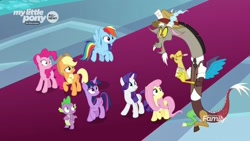 Size: 1920x1080 | Tagged: safe, screencap, character:applejack, character:discord, character:fluttershy, character:pinkie pie, character:rainbow dash, character:rarity, character:spike, character:twilight sparkle, character:twilight sparkle (alicorn), species:alicorn, species:draconequus, species:dragon, species:earth pony, species:pegasus, species:pony, species:unicorn, episode:the beginning of the end, g4, my little pony: friendship is magic, clothing, discovery family logo, female, jacket, male, mane seven, mane six, mare, notepad, pencil, reporter, winged spike