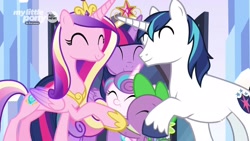 Size: 1920x1080 | Tagged: safe, screencap, character:princess cadance, character:princess flurry heart, character:shining armor, character:spike, character:twilight sparkle, character:twilight sparkle (alicorn), species:alicorn, species:dragon, species:pony, species:unicorn, episode:the beginning of the end, g4, my little pony: friendship is magic, big crown thingy, crystal empire, cute, cutedance, discovery family logo, element of magic, eyes closed, family, family hug, female, filly, flurrybetes, foal, group hug, hug, jewelry, male, mare, regalia, shining adorable, smiling, sparkle family, spikabetes, stallion, twiabetes, winged spike