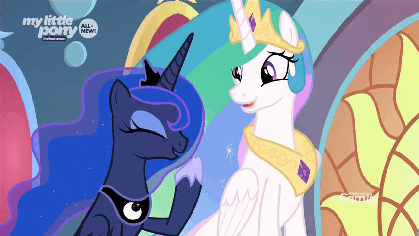 Size: 864x486 | Tagged: safe, screencap, character:princess celestia, character:princess luna, species:alicorn, species:pony, episode:the beginning of the end, g4, my little pony: friendship is magic, animated, duo, ethereal mane, female, galaxy mane, gif, laughing, laughingmares.jpg, mare, royal sisters, sisters