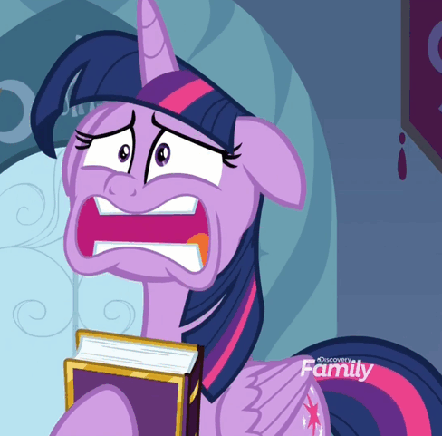 Size: 488x481 | Tagged: safe, screencap, character:twilight sparkle, character:twilight sparkle (alicorn), species:alicorn, species:pony, episode:the beginning of the end, g4, my little pony: friendship is magic, animated, book, cropped, discovery family logo, female, floppy ears, friendship journal, gif, hyperventilating, mare, panic, solo, twilighting
