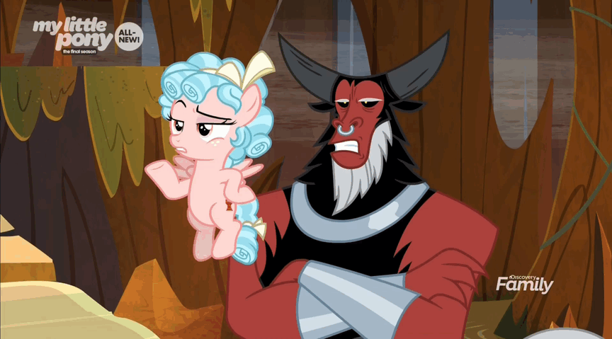 Size: 864x479 | Tagged: safe, screencap, character:cozy glow, character:grogar, character:lord tirek, species:centaur, species:pegasus, species:pony, species:ram, episode:the beginning of the end, g4, my little pony: friendship is magic, animated, blown back, cozybetes, cute, female, filly, foal, gif, male, nose piercing, nose ring, piercing, scared, silence, yelling