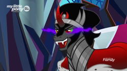 Size: 1366x768 | Tagged: safe, screencap, character:king sombra, species:pony, species:unicorn, episode:the beginning of the end, g4, my little pony: friendship is magic, armor, crystal, dark crystal, dark magic, magic, male, open mouth, sharp teeth, solo, stallion, teeth