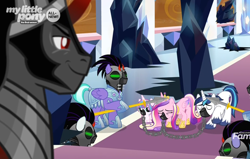 Size: 1604x1022 | Tagged: safe, screencap, character:king sombra, character:princess cadance, character:princess flurry heart, character:shining armor, species:pony, episode:the beginning of the end, g4, my little pony: friendship is magic, cropped, gag, mind control, muzzle gag, shackles, sombra soldier