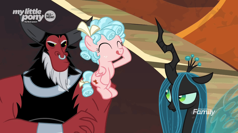 Size: 826x464 | Tagged: safe, screencap, character:cozy glow, character:lord tirek, character:queen chrysalis, species:centaur, species:changeling, species:pegasus, species:pony, episode:the beginning of the end, g4, my little pony: friendship is magic, animated, begone thot, changeling queen, cozybuse, female, filly, flick, gif, hoof on head, legion of doom, male, tongue out, unamused
