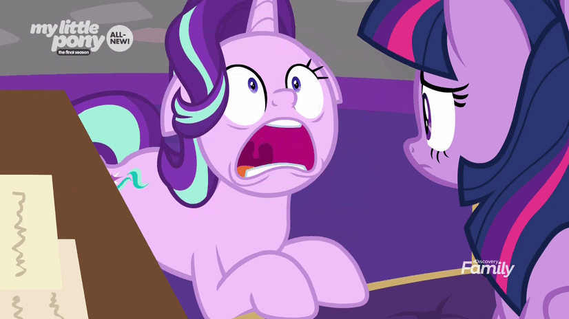 Size: 826x464 | Tagged: safe, screencap, character:starlight glimmer, character:twilight sparkle, character:twilight sparkle (alicorn), species:alicorn, species:pony, species:unicorn, episode:the beginning of the end, g4, my little pony: friendship is magic, animated, floppy ears, gif, hyperventilating, invisible stallion, out of context, panic attack, starlighting, twilighting