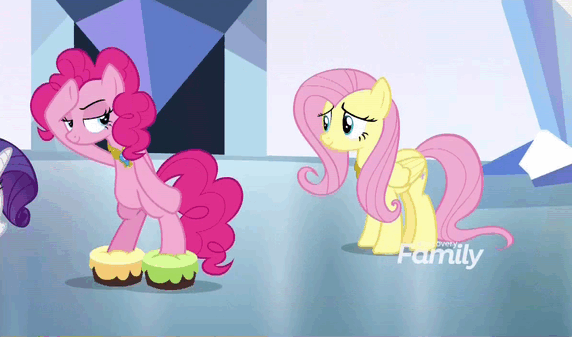 Size: 572x337 | Tagged: safe, screencap, character:applejack, character:fluttershy, character:pinkie pie, character:rainbow dash, character:rarity, species:earth pony, species:pegasus, species:pony, species:unicorn, episode:the beginning of the end, g4, my little pony: friendship is magic, animated, bipedal, blinking, cake, cakewalk, cute, diapinkes, element of generosity, element of honesty, element of kindness, element of laughter, eyes closed, female, food, laughing, mare, michael jackson, moonwalk, pun, raised hoof, raribetes, shyabetes, visual gag