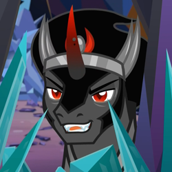 Size: 1080x1080 | Tagged: safe, screencap, character:king sombra, species:pony, species:unicorn, episode:the beginning of the end, g4, my little pony: friendship is magic, cropped, crystal, handsome, male, seductive look, solo, stallion, stupid sexy sombra, tongue out