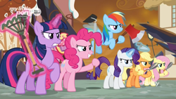 Size: 1920x1080 | Tagged: safe, screencap, character:applejack, character:fluttershy, character:pinkie pie, character:rainbow dash, character:rarity, character:twilight sparkle, character:twilight sparkle (alicorn), species:alicorn, species:earth pony, species:pegasus, species:pony, species:unicorn, episode:the beginning of the end, g4, my little pony: friendship is magic, axe, dark crystal, discovery family logo, female, glowing horn, hoe, magic, mane six, mare, orange sky, rake, shears, telekinesis, trowel, weapon