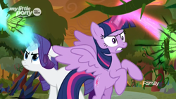 Size: 1920x1080 | Tagged: safe, screencap, character:rarity, character:twilight sparkle, character:twilight sparkle (alicorn), species:alicorn, species:pony, species:unicorn, episode:the beginning of the end, g4, my little pony: friendship is magic, battle stance, blast, duo, female, floppy ears, glowing horn, magic, magic beam, magic blast, mare, orange sky, rearing, vine