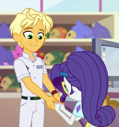 Size: 884x945 | Tagged: safe, screencap, character:ragamuffin, equestria girls:spring breakdown, g4, my little pony:equestria girls, arms, clothing, cropped, female, freckles, male, out of context, pants, ponytail, ragamuffin (equestria girls), smiling