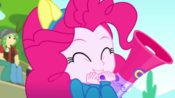 Size: 1920x1080 | Tagged: safe, screencap, character:pinkie pie, character:sandalwood, character:scott green, episode:steps of pep, eqg summertime shorts, g4, my little pony:equestria girls, bust, cute, diapinkes, eyes closed, female, megaphone, offscreen character, portrait, scott green, smiling, solo focus, wondercolts uniform