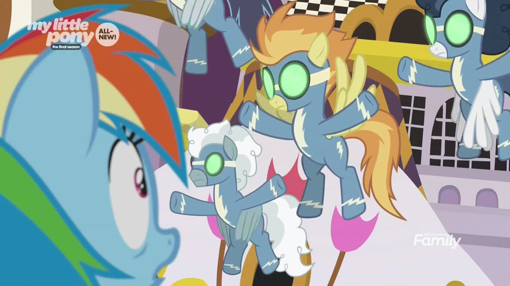 Size: 1000x562 | Tagged: safe, screencap, character:high winds, character:rainbow dash, character:silver lining, character:soarin', character:spitfire, species:pegasus, species:pony, episode:the beginning of the end, g4, my little pony: friendship is magic, animated, asserting dominance, clothing, evil wonderbolts, female, glowing eyes, goggles, hyperventilating, male, mare, mind control, scared, scaredy dash, sombrafied, stallion, t pose, this will not end well, uniform, wonderbolts, wonderbolts uniform