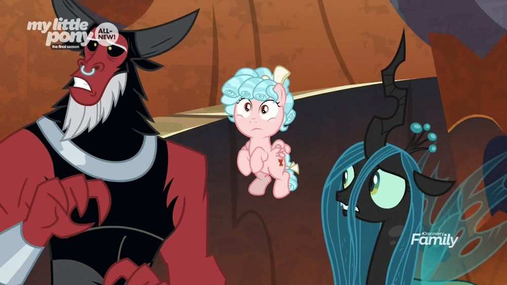 Size: 1000x562 | Tagged: safe, screencap, character:cozy glow, character:lord tirek, character:queen chrysalis, species:centaur, species:changeling, species:pegasus, species:pony, episode:the beginning of the end, g4, my little pony: friendship is magic, all new, animated, bow, bracer, changeling queen, cozybetes, crown, cute, cutealis, discovery family logo, female, filly, flying, foal, frown, gif, grin, gritted teeth, hair bow, jewelry, lidded eyes, lip bite, logo, nervous, nose piercing, nose ring, piercing, raised eyebrow, regalia, scared, smiling, sweat, sweating profusely, tail bow, talking, text, tirebetes, underhoof, wide eyes
