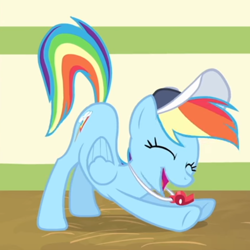 Size: 646x646 | Tagged: safe, screencap, character:rainbow dash, species:pegasus, species:pony, episode:flight to the finish, g4, my little pony: friendship is magic, cap, clothing, cropped, cute, dashabetes, eyes closed, happy, hat, iwtcird, raised tail, smiling, solo, stretching, tail, whistle