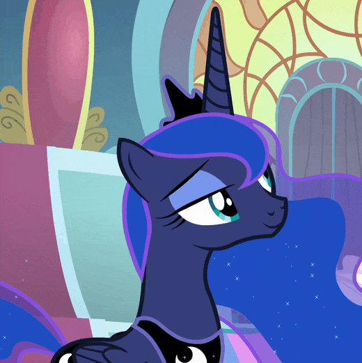 Size: 520x521 | Tagged: safe, screencap, character:princess celestia, character:princess luna, species:alicorn, species:pony, episode:the beginning of the end, g4, my little pony: friendship is magic, amused, animated, beautiful, blinking, canterlot castle, cropped, ethereal mane, female, folded wings, galaxy mane, happy, jewelry, lidded eyes, mare, pretty princess, regalia, smiling, smug, solo focus, wings