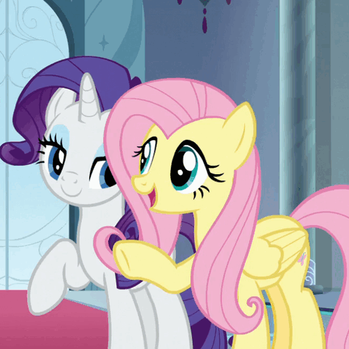 Size: 500x501 | Tagged: safe, screencap, character:fluttershy, character:rarity, species:pegasus, species:pony, species:unicorn, episode:the beginning of the end, g4, my little pony: friendship is magic, animated, blinking, canterlot castle, cropped, cute, dawwww, duo, eyes closed, female, folded wings, friendship, happy, hnnng, hug, mare, raised hoof, raribetes, shyabetes, smiling, talking, wings
