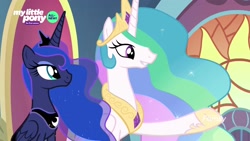 Size: 1920x1080 | Tagged: safe, screencap, character:princess celestia, character:princess luna, species:pony, episode:the beginning of the end, g4, my little pony: friendship is magic, duo, ethereal mane, female, galaxy mane, mare, raised hoof, royal sisters, sisters