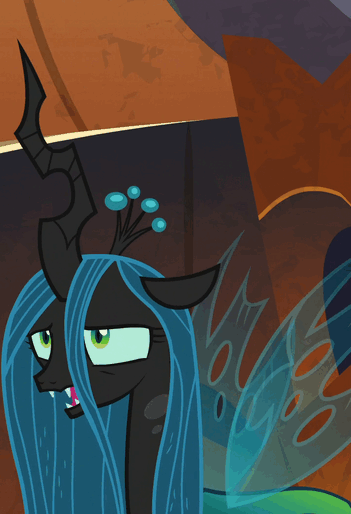 Size: 351x514 | Tagged: safe, screencap, character:queen chrysalis, species:changeling, episode:the beginning of the end, g4, my little pony: friendship is magic, animated, changeling queen, cropped, female, invisible stallion, laughing, nervous, solo, sweat