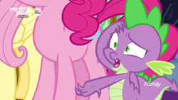 Size: 1366x768 | Tagged: safe, screencap, character:fluttershy, character:pinkie pie, character:spike, species:dragon, species:pony, episode:the beginning of the end, g4, my little pony: friendship is magic, claws, cutie mark, discovery family logo, faceless female, female, mare, offscreen character, raised eyebrow, winged spike, worried