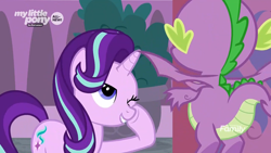Size: 1782x1003 | Tagged: safe, screencap, character:spike, character:starlight glimmer, species:dragon, species:pony, species:unicorn, episode:the beginning of the end, g4, my little pony: friendship is magic, claws, cutie mark, duo, faceless male, female, flying, male, mare, offscreen character, one eye closed, raised hoof, smiling, winged spike, wings, wink