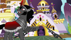 Size: 1366x768 | Tagged: safe, screencap, character:king sombra, species:pony, species:unicorn, episode:the beginning of the end, g4, my little pony: friendship is magic, armor, bridge, canterlot, castle, conquest, curved horn, gate, guard, guards, horn, invasion, king, male, moat, order, pointing, portcullis, solo, stallion